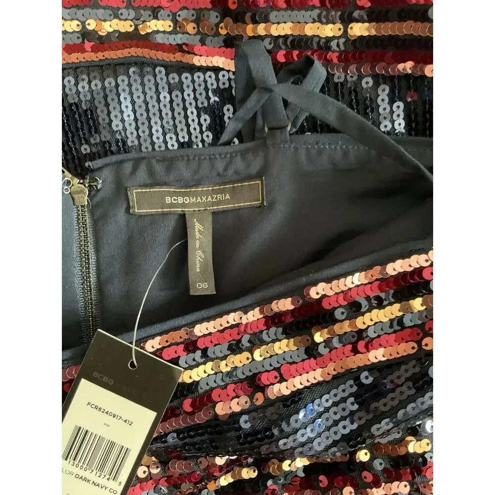 BCBGMAXAZRIA Sequin Stripe Wrap Mini Dress NWT Dark Navy Blue Cocktail size 6